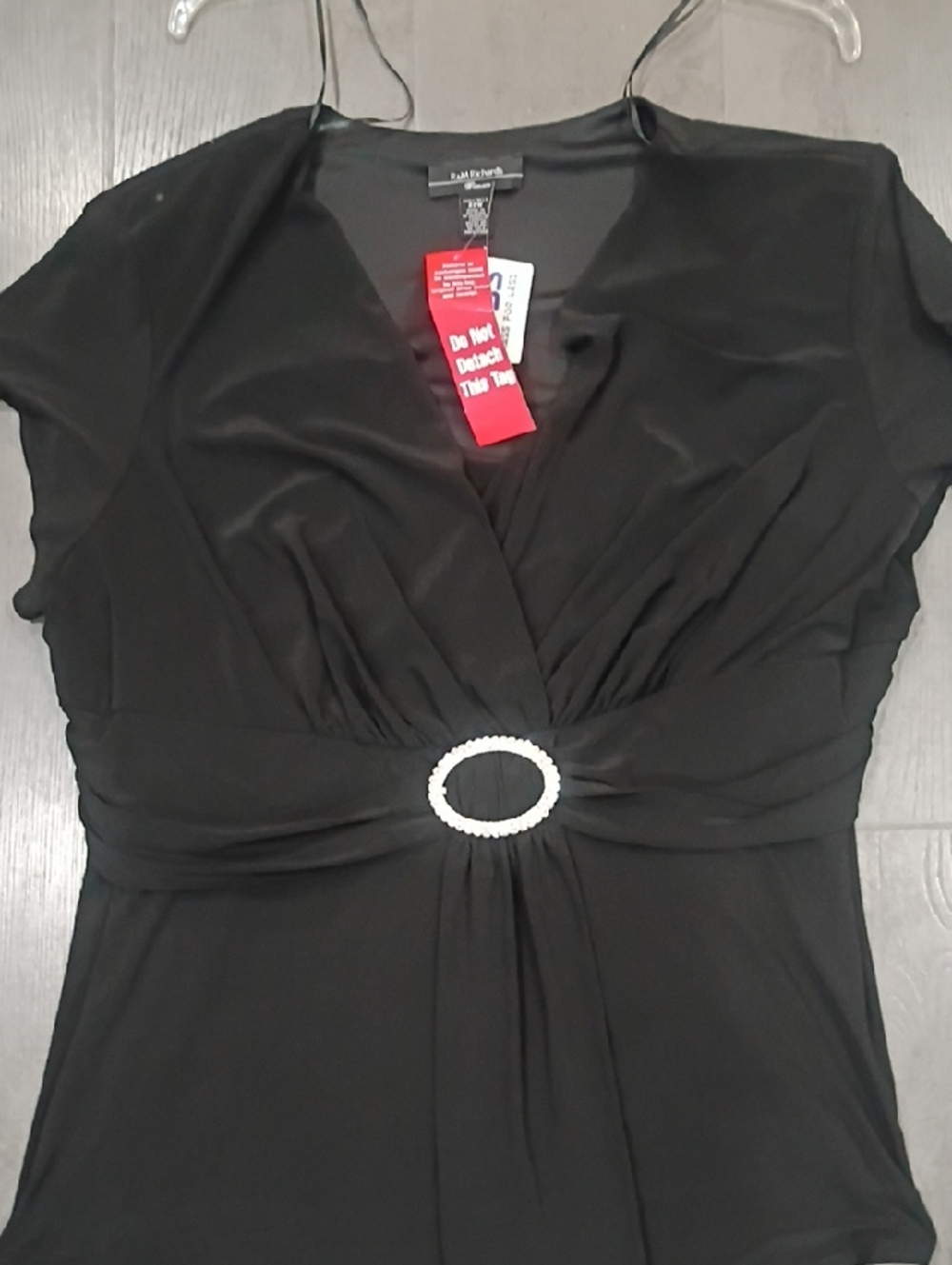 Lafayette 148 New York Black V-Neck Short Sleeve Top with Decorative Oval Ring